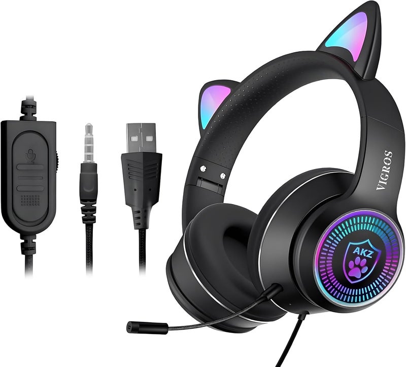 VIGROS Cat Ear Gaming Headphones Wired AUX 3.5mm with LED Light, Flashing Stereo Game Headphones Surround Sound Over-Ear Headsets with Microphone Fit Kids & Adult for PC, PS4, Switch, Mobile, Laptop - Image 2